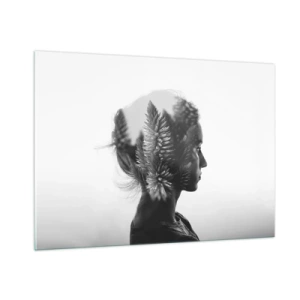 Quadro su vetro - Una donna in bianco e nero con un motivo di foresta di conifere sovrapposto - 100x70cm - La signora della pineta - Decorazione murale moderna per soggiorno e camera da letto ARTTOR