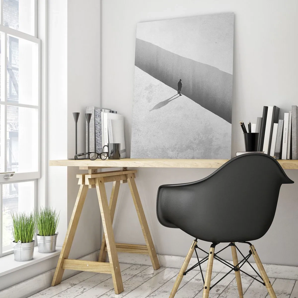 Quadro su vetro - Una figura solitaria è in piedi su un profondo abisso in un ambiente monocromatico. - 80x120cm - Un obiettivo chiaro - Decorazione murale moderna per soggiorno e camera da letto ARTTOR