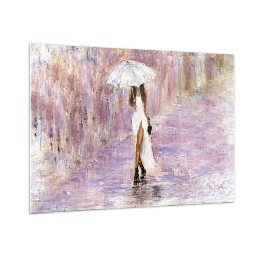 Quadro su vetro - Figura di una donna con un ombrello in una scena di pioggia lilla - 100x70cm - Nella pioggia lilla - Decorazione murale moderna per soggiorno e camera da letto ARTTOR