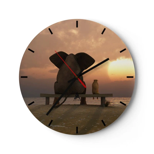 Orologio da parete - Orologio in Vetro - Un elefante e un cane sono seduti su una panchina al tramonto in riva al mare. - 30x30cm - A volte bisogna tacere - Decorazione murale moderna per soggiorno, cucina e camera da letto ARTTOR