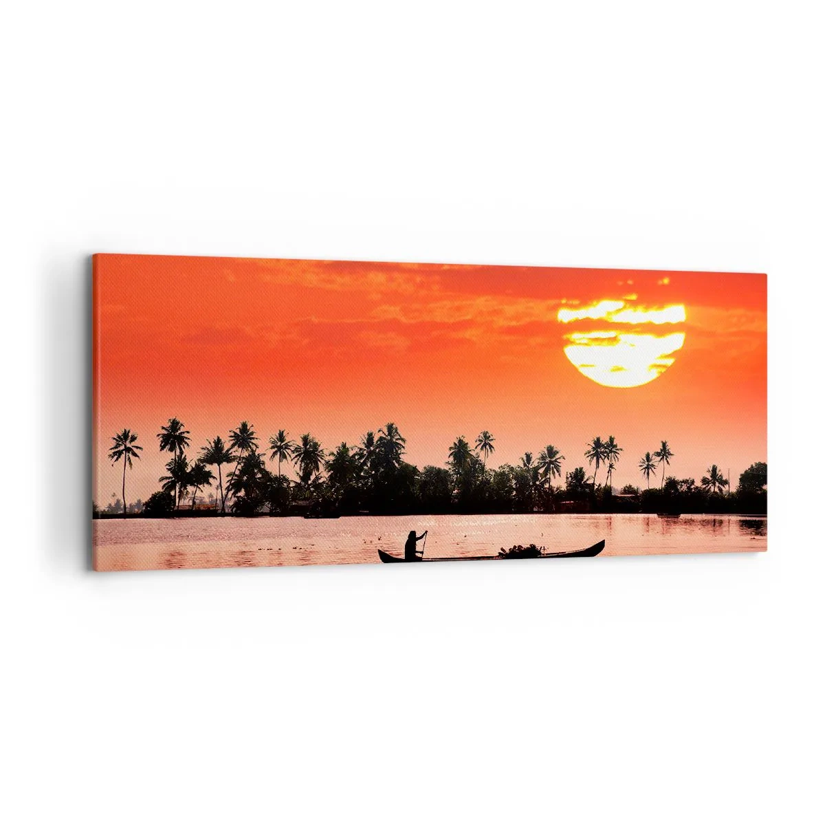 Quadro su tela - Stampe su Tela - Tramonto tropicale con una barca e palme sullo sfondo - 120x50cm - La calma dei tropici al tramonto - Decorazione murale moderna per soggiorno e camera da letto ARTTOR