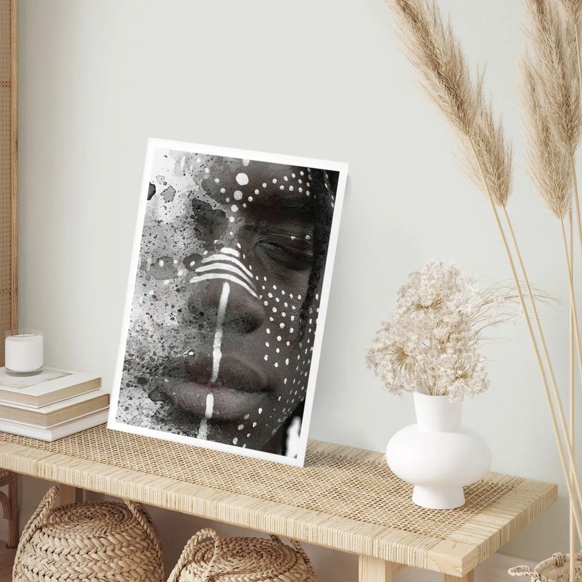 Poster - Ritratto astratto con motivi in bianco e nero sul viso - 50x70cm - Scopri lo spirito primordiale - Decorazione murale moderna per soggiorno e camera da letto ARTTOR