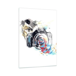 Quadro su vetro - Fotocamera con elementi astratti colorati - 50x70cm - Nell'occhio dell'obiettivo - Decorazione murale moderna per soggiorno e camera da letto ARTTOR