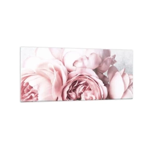 Quadro su vetro - Peonie rosa in luce soffusa su uno sfondo chiaro - 120x50cm - Per i romantici - Decorazione murale moderna per soggiorno e camera da letto ARTTOR