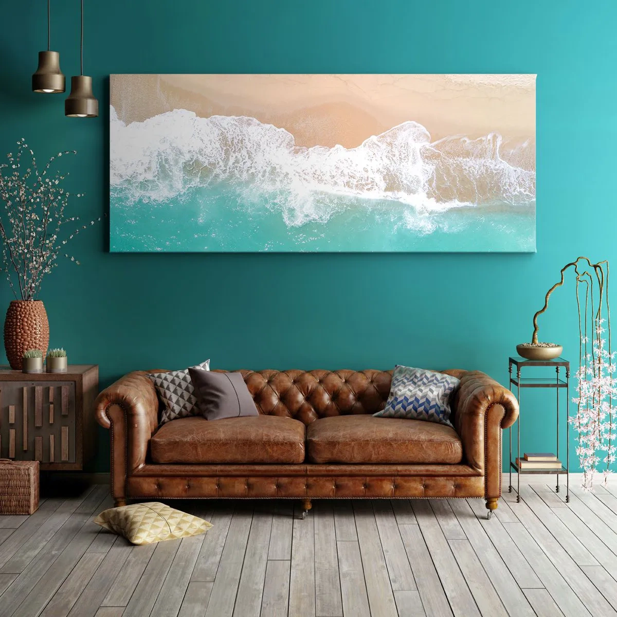 Quadro su tela - Stampe su Tela - Una vista a volo d'uccello di una spiaggia con acqua turchese e onde dolci - 120x50cm - Un tocco carezzevole - Decorazione murale moderna per soggiorno e camera da letto ARTTOR