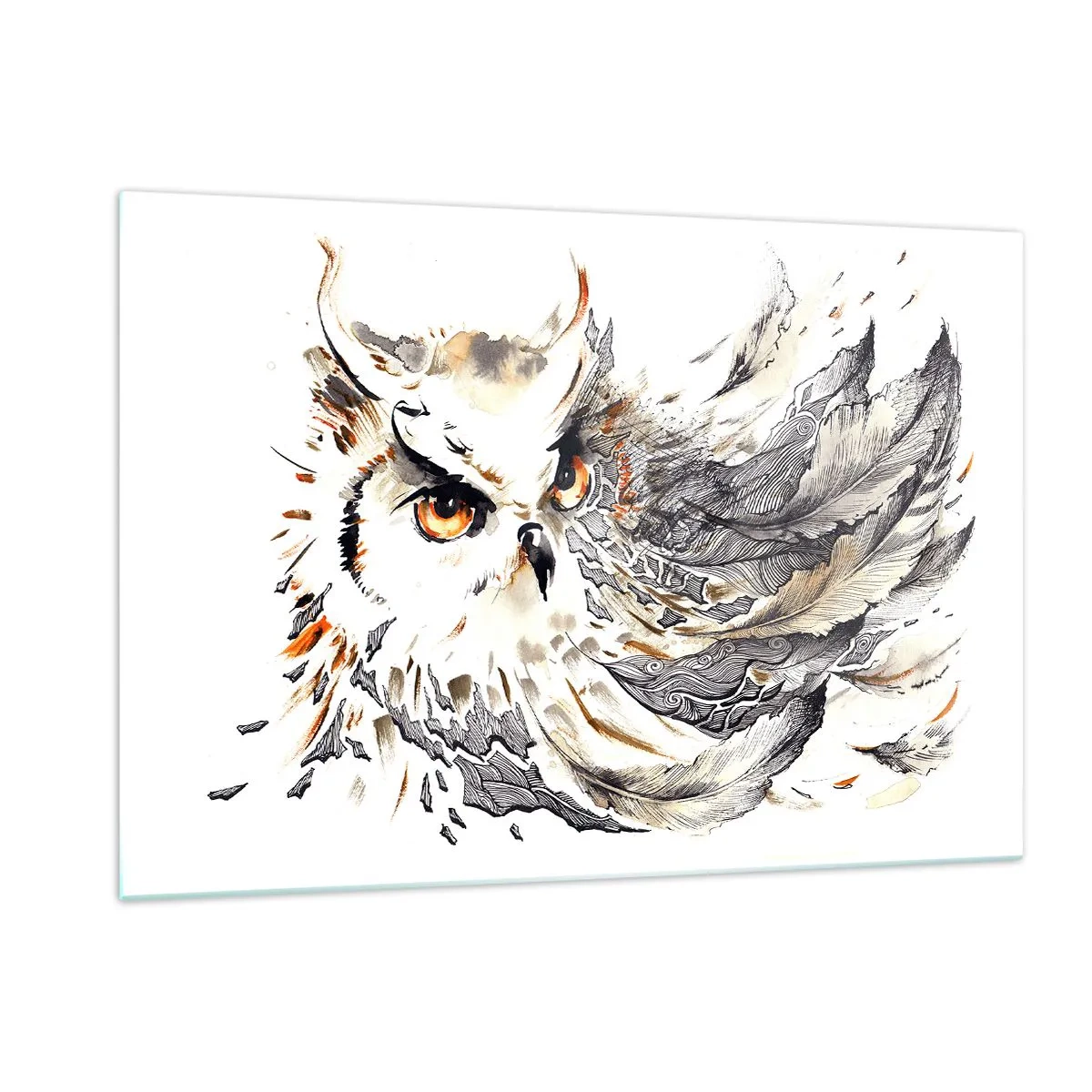 Quadro su vetro - Un gufo con piume artistiche nelle tonalità dell'arancione e del grigio. - 120x80cm - Giunta dal mondo della magia - Decorazione murale moderna per soggiorno e camera da letto ARTTOR