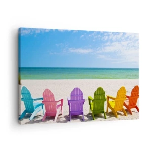 Quadro su tela - Stampe su Tela - Sedie a sdraio colorate sulla spiaggia con vista sul mare - 70x50cm - Spiaggia arcobaleno - Decorazione murale moderna per soggiorno e camera da letto ARTTOR