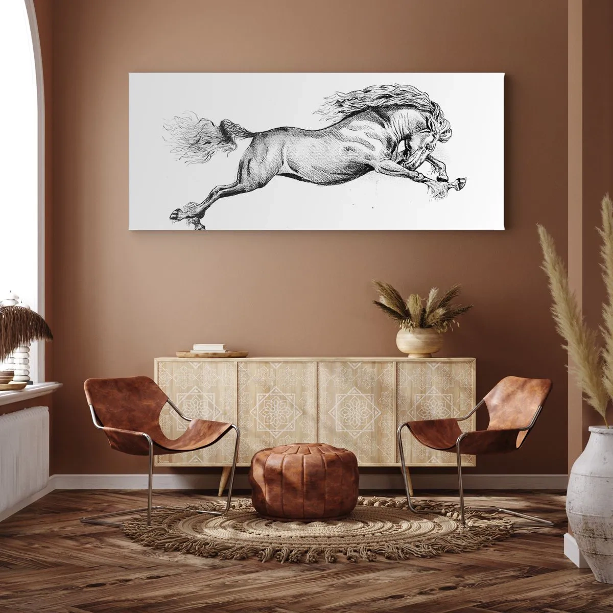 Quadro su tela - Stampe su Tela - Schizzo di un cavallo al galoppo dinamico su sfondo bianco - 120x50cm - Fermo al galoppo - Decorazione murale moderna per soggiorno e camera da letto ARTTOR