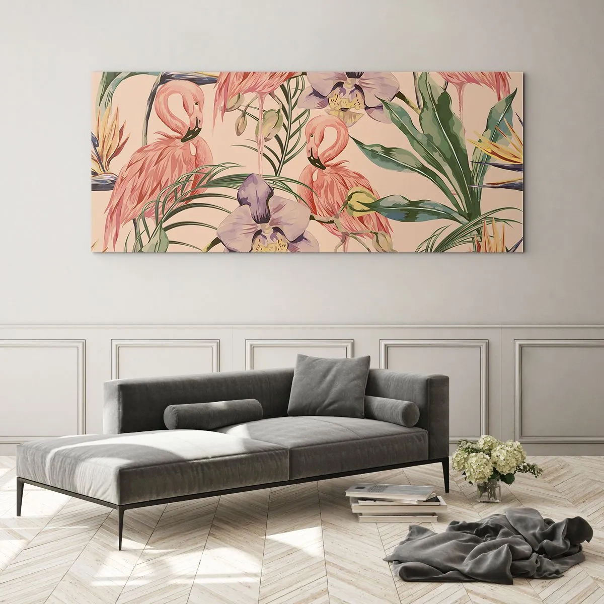 Quadro su vetro - Un ballo rosa nei fiori - 90x30 cm