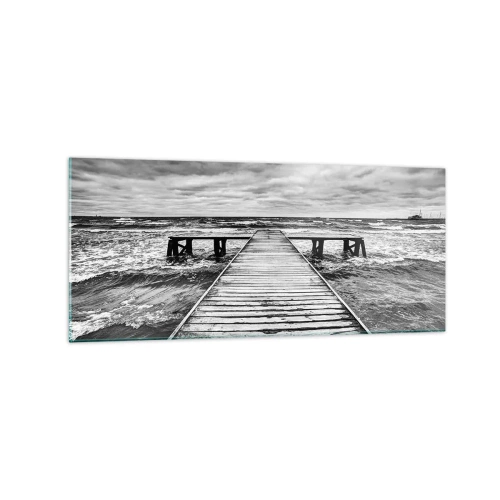 Quadro su vetro - Una vista in bianco e nero di un molo di legno su un mare in tempesta. - 120x50cm - Aspetto che il vento le scacci via... - Decorazione murale moderna per soggiorno e camera da letto ARTTOR