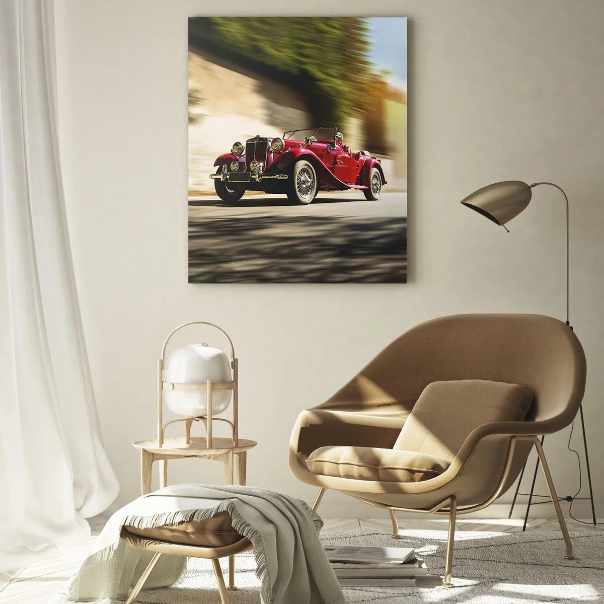 Quadro su vetro - Auto d'epoca rossa in movimento su una strada soleggiata - 70x100cm - Più bella della Nike di Samotracia - Decorazione murale moderna per soggiorno e camera da letto ARTTOR