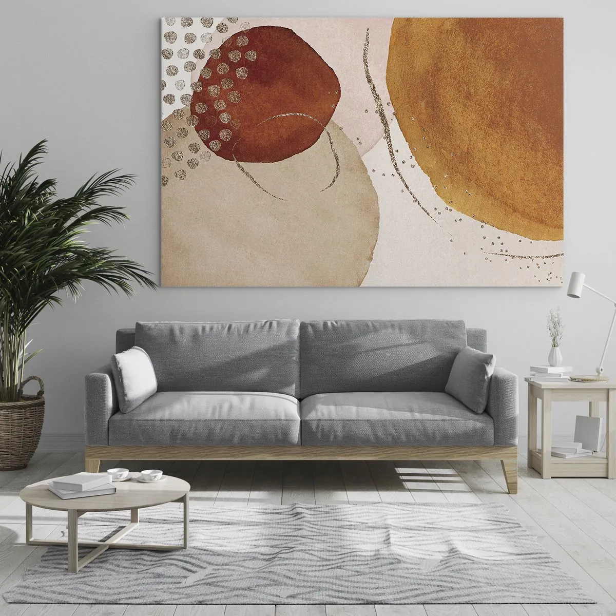 Quadro su vetro - Cerchi astratti nei toni del beige, rame e oro - 100x70cm - Rotondità e movimento - Decorazione murale moderna per soggiorno e camera da letto ARTTOR