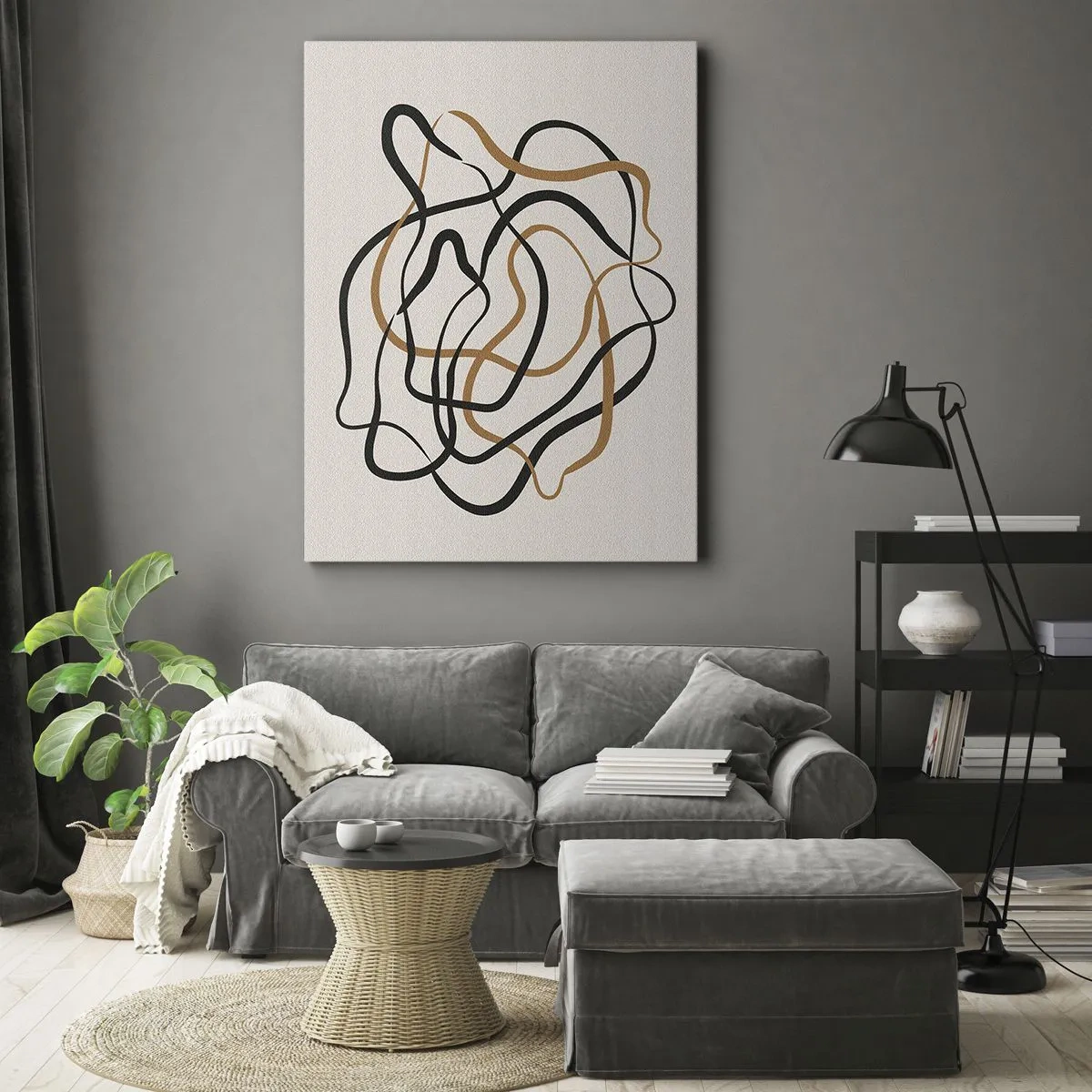 Quadro su tela - Stampe su Tela - Linee aggrovigliate in nero e oro su uno sfondo chiaro - 50x70cm - Tutto è andato storto - Decorazione murale moderna per soggiorno e camera da letto ARTTOR