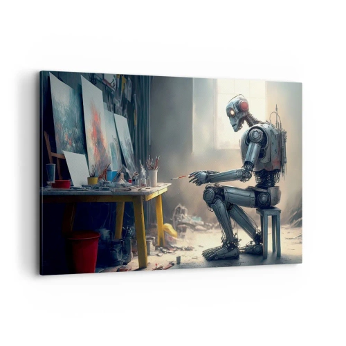 Quadro su tela - Stampe su Tela - Un robot che dipinge un quadro in uno studio d'arte - 120x80cm - Atto creativo - Decorazione murale moderna per soggiorno e camera da letto ARTTOR