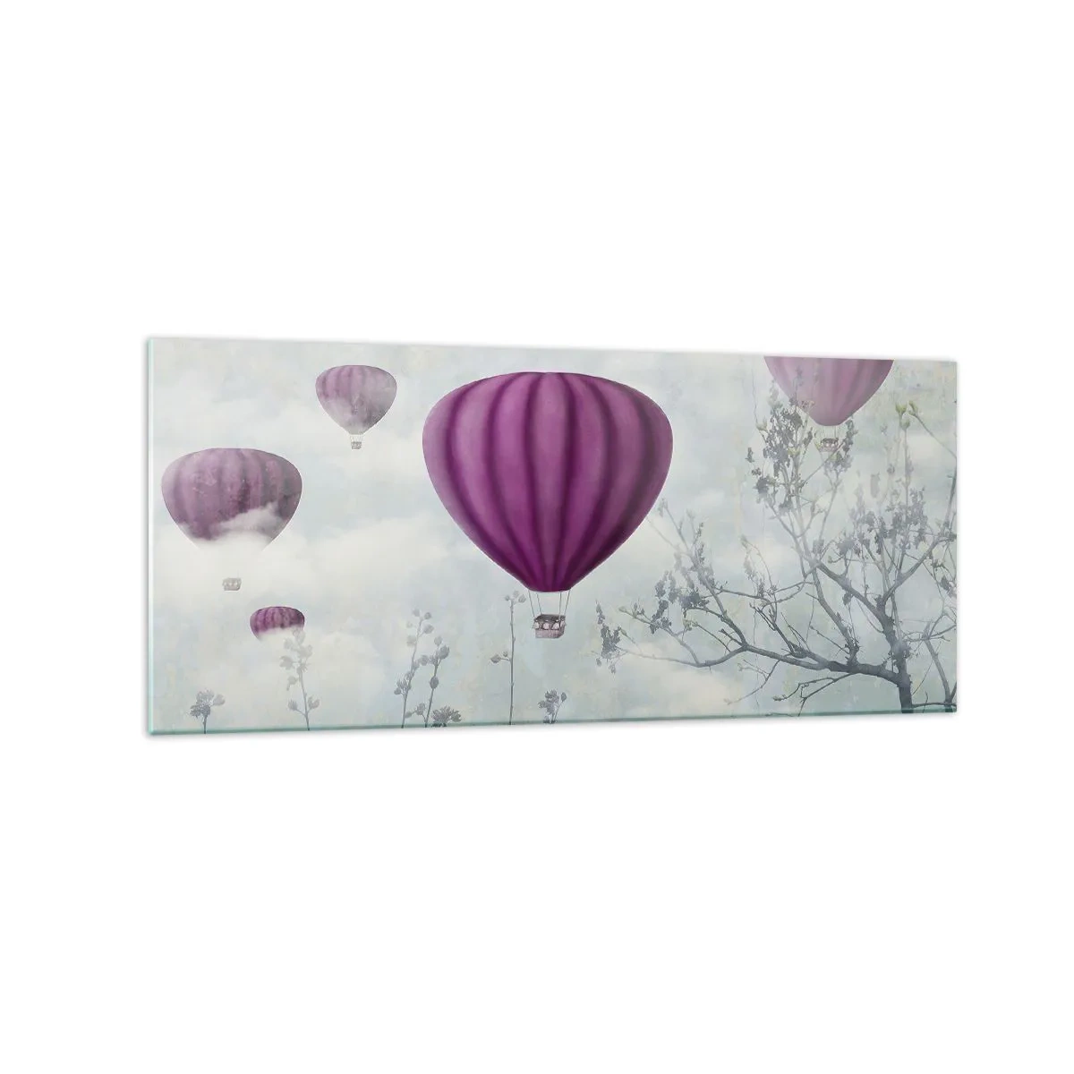 Quadro su vetro - Palloncini viola che fluttuano sopra gli alberi tra le nuvole - 120x50cm - Come navi nel cielo - Decorazione murale moderna per soggiorno e camera da letto ARTTOR
