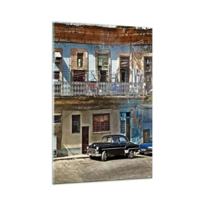 Quadro su vetro - Case popolari colorate e un'auto d'epoca nel paesaggio urbano - 80x120cm - Atmosfera dell'Avana - Decorazione murale moderna per soggiorno e camera da letto ARTTOR