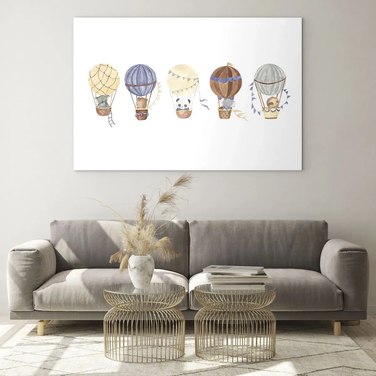 Quadro su vetro - Animali che volano in mongolfiera in stile acquerello - 70x50cm - Amici in viaggio - Decorazione murale moderna per soggiorno e camera da letto ARTTOR