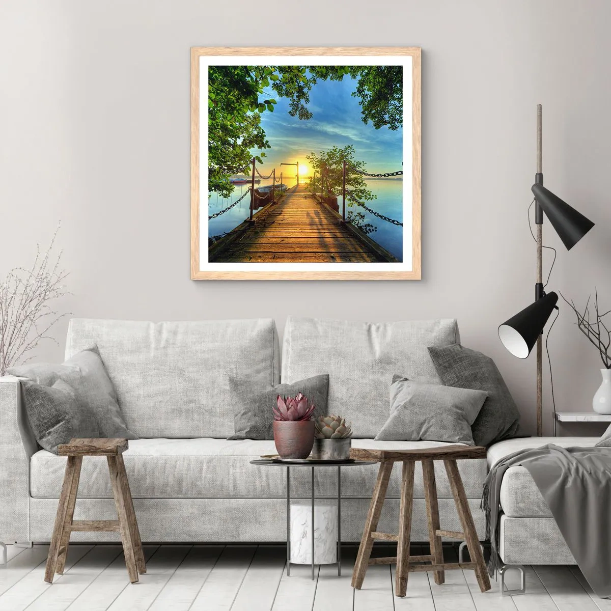 Poster in cornice rovere chiaro - Tramonto sul lago - 60x60 cm