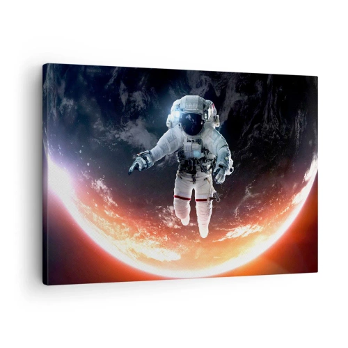 Quadro su tela - Stampe su Tela - Un astronauta che fluttua sopra una Terra illuminata dal sole - 70x50cm - Posso restare ancora un po'? - Decorazione murale moderna per soggiorno e camera da letto ARTTOR
