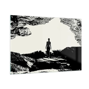 Quadro su vetro - Silhouette di una donna che emerge da una grotta in grafica in bianco e nero - 100x70cm - Un nuovo sguardo - Decorazione murale moderna per soggiorno e camera da letto ARTTOR