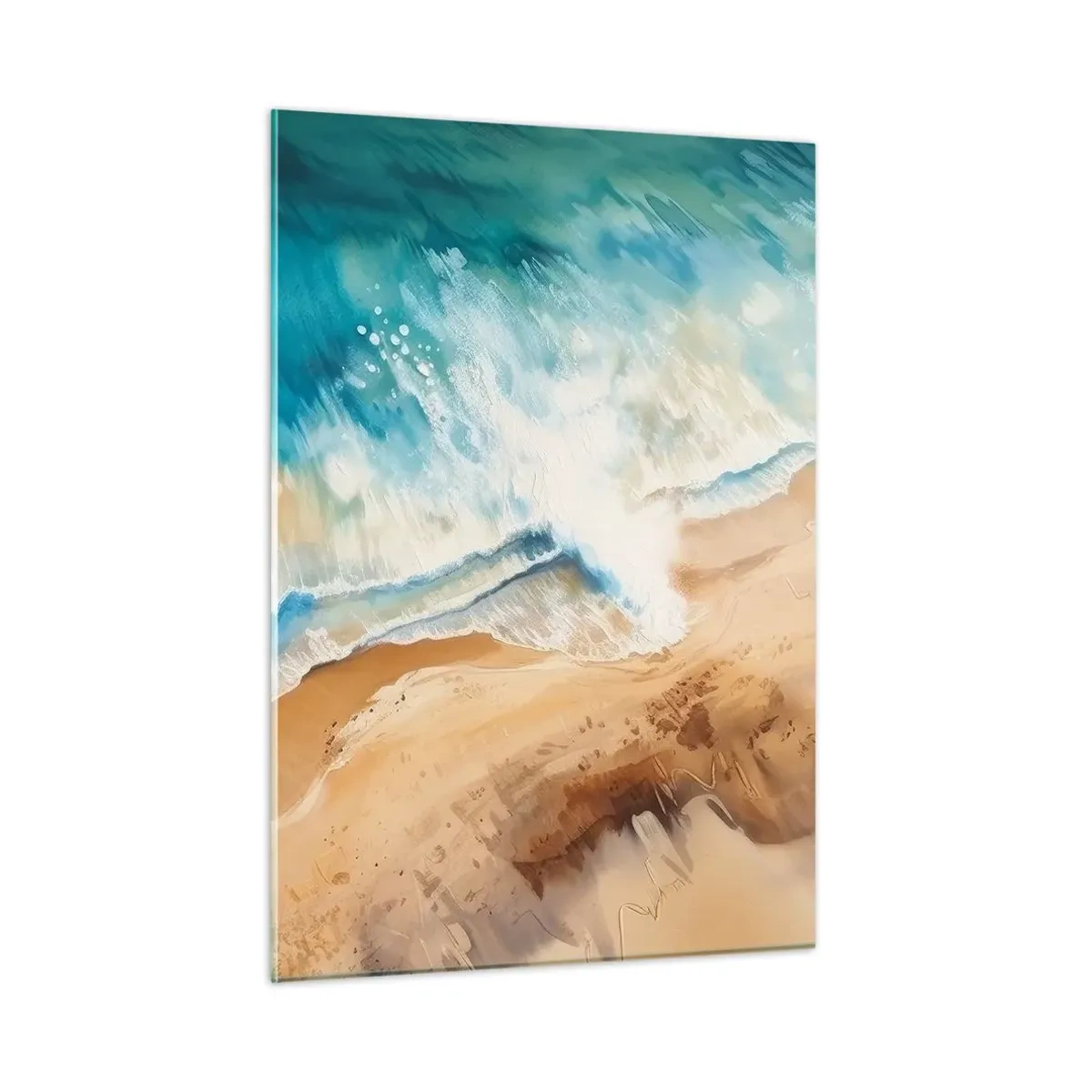 Quadro su vetro - Vista dall'alto di un'onda blu del mare che si infrange contro una riva sabbiosa - 50x70cm - L'onda che ritorna - Decorazione murale moderna per soggiorno e camera da letto ARTTOR