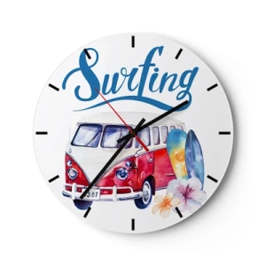 Orologio da parete - Orologio in Vetro - Motivo del surf bus con tavole e fiori su sfondo bianco - 30x30cm - In pulmino a fare surf - Decorazione murale moderna per soggiorno, cucina e camera da letto ARTTOR