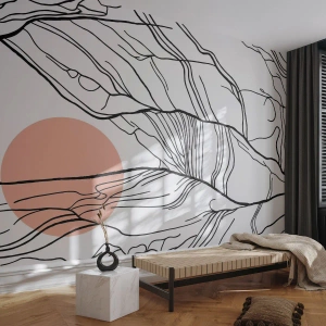 Fotomurali Premium Sand - Linee astratte su sfondo bianco con accento geometrico - 100x70cm - Nella rete dei rami - Decorazione murale moderna per soggiorno e camera da letto ARTTOR