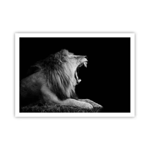 Poster - Un leone ruggente su sfondo nero nei toni del bianco e del nero - 100x70cm - Senza alcun dubbio - Decorazione murale moderna per soggiorno e camera da letto ARTTOR