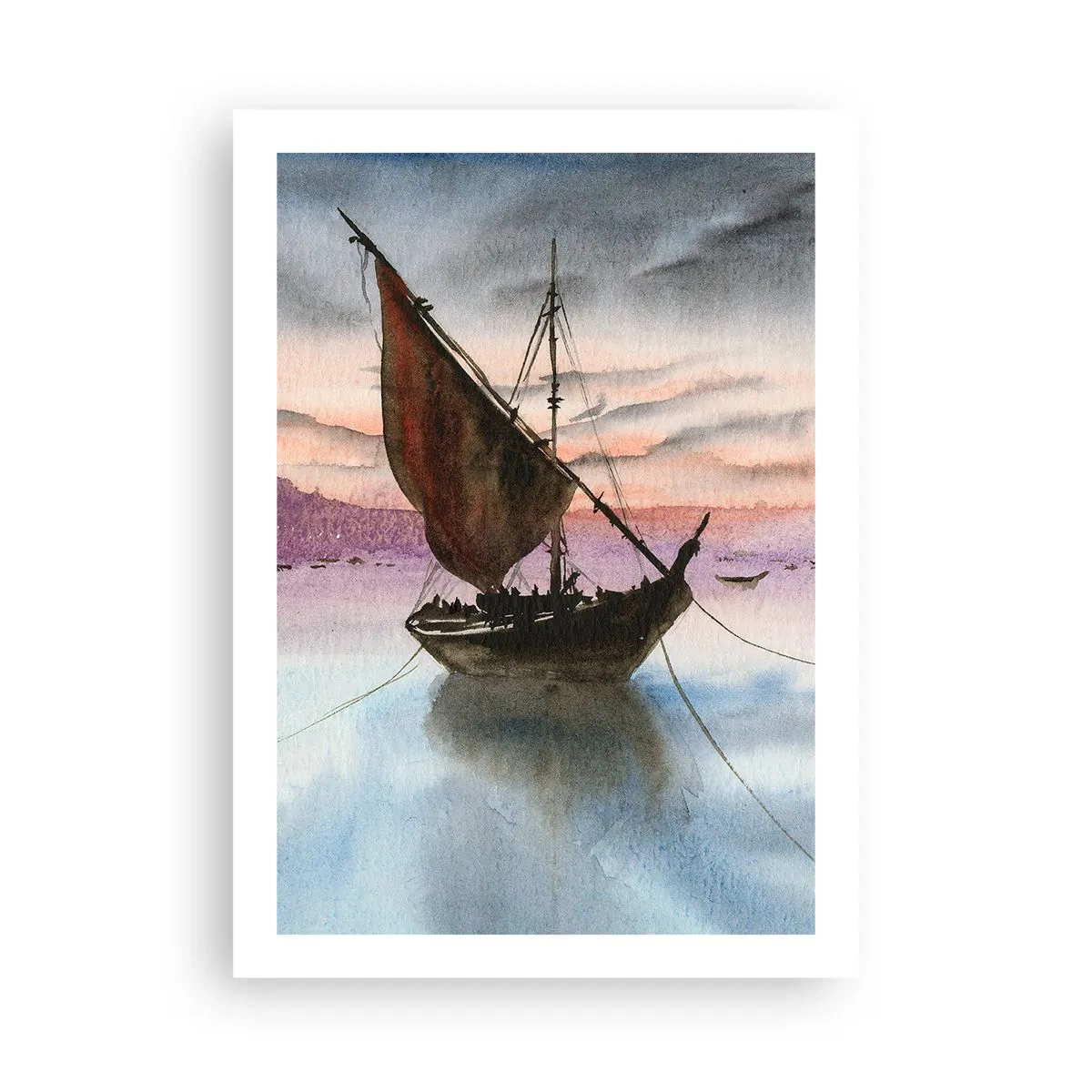 Poster - Una nave a vela in acque calme alla luce del tramonto - 50x70cm - La sera nel porto - Decorazione murale moderna per soggiorno e camera da letto ARTTOR