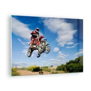 Quadro su vetro - Un motociclista in volo contro un cielo blu - 70x50cm - Saltando sotto il cielo - Decorazione murale moderna per soggiorno e camera da letto ARTTOR