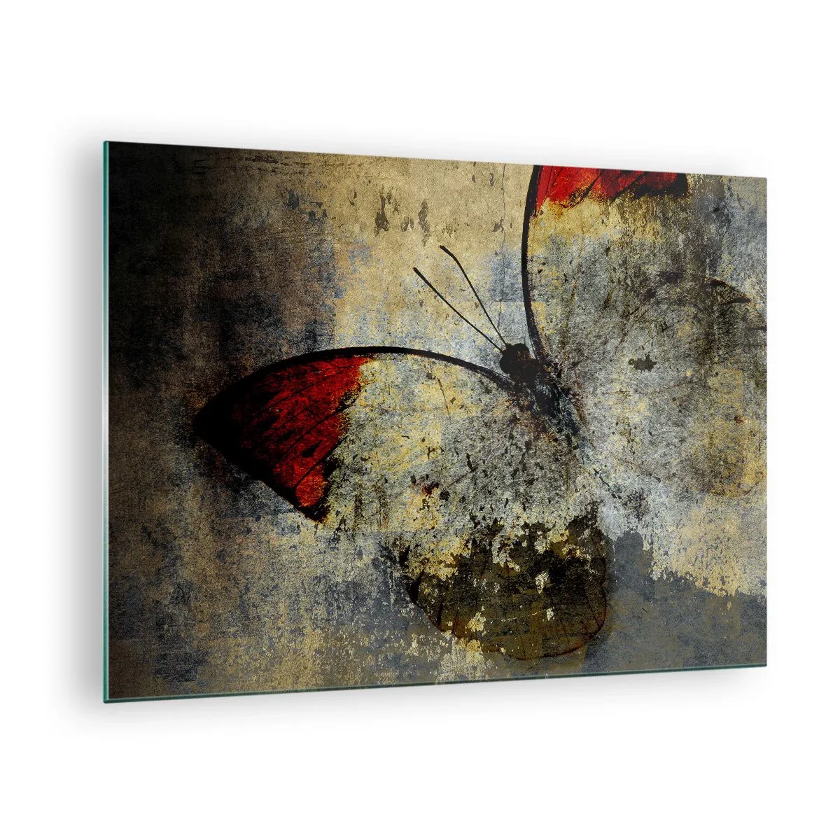 Quadro su vetro - Farfalla astratta su uno sfondo invecchiato - 70x50cm - Guarda prima che scompaia - Decorazione murale moderna per soggiorno e camera da letto ARTTOR