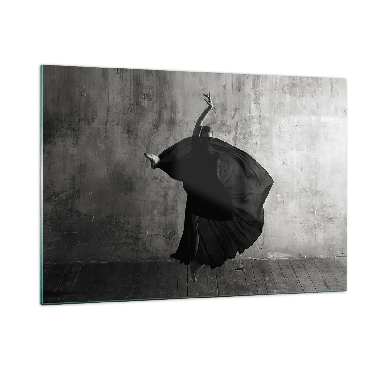 Quadro su vetro - Silhouette in bianco e nero di una ballerina in posa dinamica - 120x80cm - Fasce piene di passione - Decorazione murale moderna per soggiorno e camera da letto ARTTOR