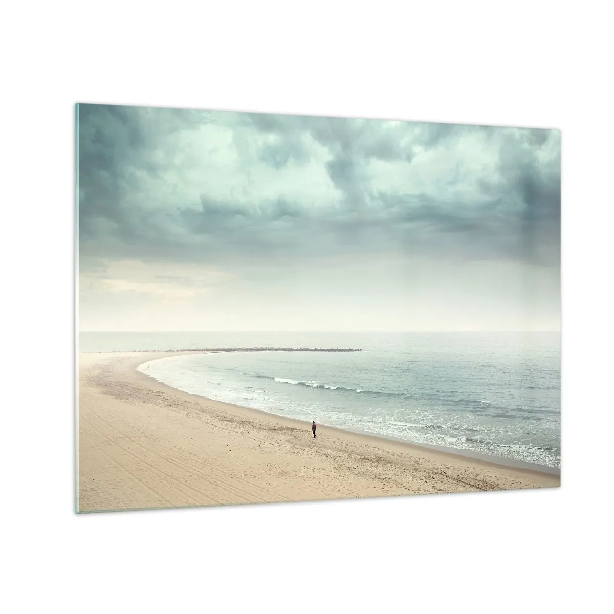 Quadro su vetro - Una figura che passeggia su una spiaggia deserta in riva al mare calmo - 70x50cm - Cercando la pace - Decorazione murale moderna per soggiorno e camera da letto ARTTOR