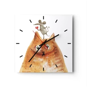 Orologio da parete - Orologio in Vetro - Un disegno di un gatto con un topo sulla testa che tiene un cuore - 30x30cm - I paradossi dell'amore - Decorazione murale moderna per soggiorno e camera da letto ARTTOR