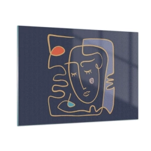 Quadro su vetro - Volto astratto in contorno su sfondo blu navy - 100x70cm - Pensierosa - Decorazione murale moderna per soggiorno e camera da letto ARTTOR