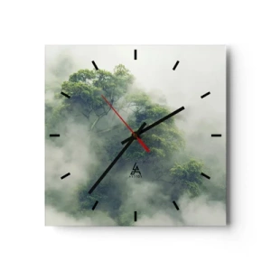 Orologio da parete - Orologio in Vetro - Alberi verdi nella fitta nebbia contro uno sfondo naturale - 30x30cm - Avvolti dalla nebbia - Decorazione murale moderna per soggiorno e camera da letto ARTTOR