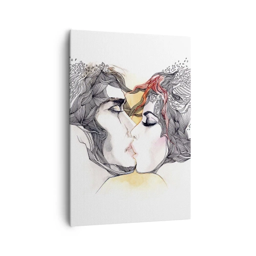 Quadro su tela - Stampe su Tela - Ritratto artistico di una coppia con motivi astratti sui capelli - 70x100cm - E il mondo scompare - Decorazione murale moderna per soggiorno e camera da letto ARTTOR