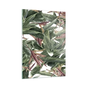 Quadro su vetro - Foglie nei toni del verde e del bordeaux su uno sfondo chiaro - 50x70cm - Macchia smeraldo e lilla - Decorazione murale moderna per soggiorno e camera da letto ARTTOR