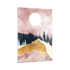 Quadro su vetro - Montagne e foreste al chiaro di luna contro un cielo rosa - 50x70cm - Guardiano notturno - Decorazione murale moderna per soggiorno e camera da letto ARTTOR