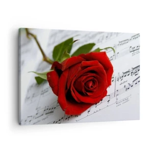 Quadro su tela - Stampe su Tela - Una rosa rossa su uno sfondo di note musicali su carta bianca. - 70x50cm - La musica dei sentimenti in scarlatto - Decorazione murale moderna per soggiorno e camera da letto ARTTOR