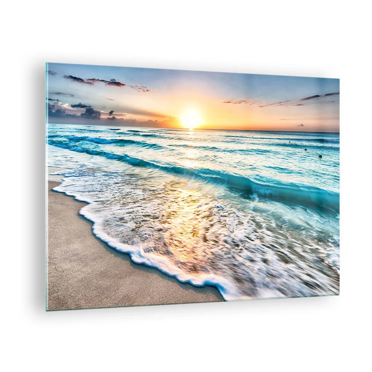 Quadro su vetro - Spiaggia al mattino con onde e alba - 70x50cm - Tramonto sul mare - Decorazione murale moderna per soggiorno e camera da letto ARTTOR