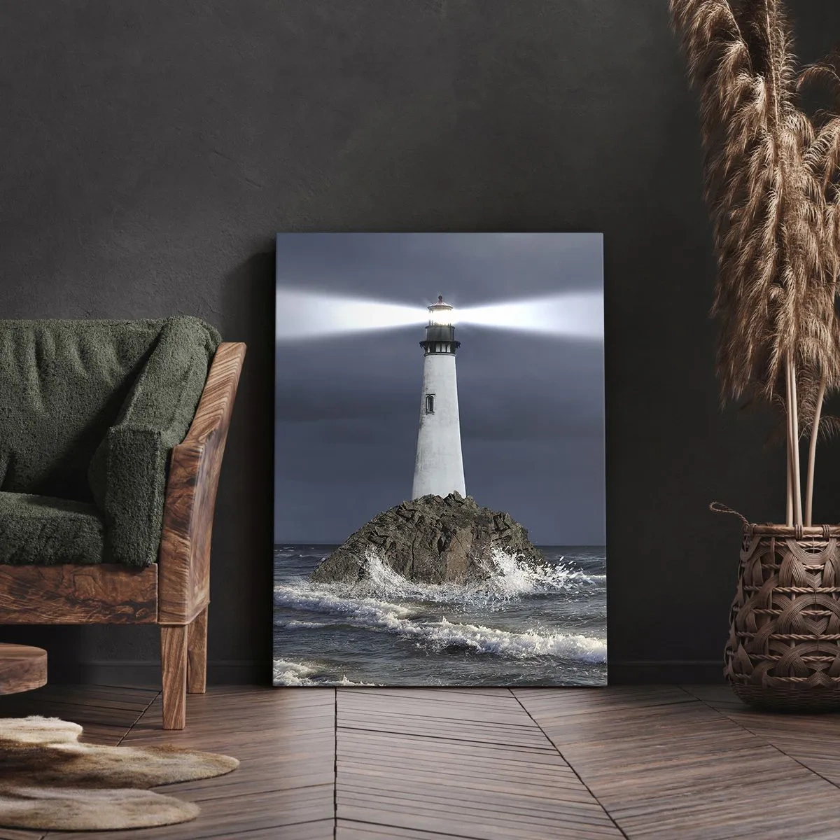 Quadro su tela - Stampe su Tela - Un faro su una roccia circondato da un mare in tempesta - 50x70cm - Qui...qui... qui! - Decorazione murale moderna per soggiorno e camera da letto ARTTOR