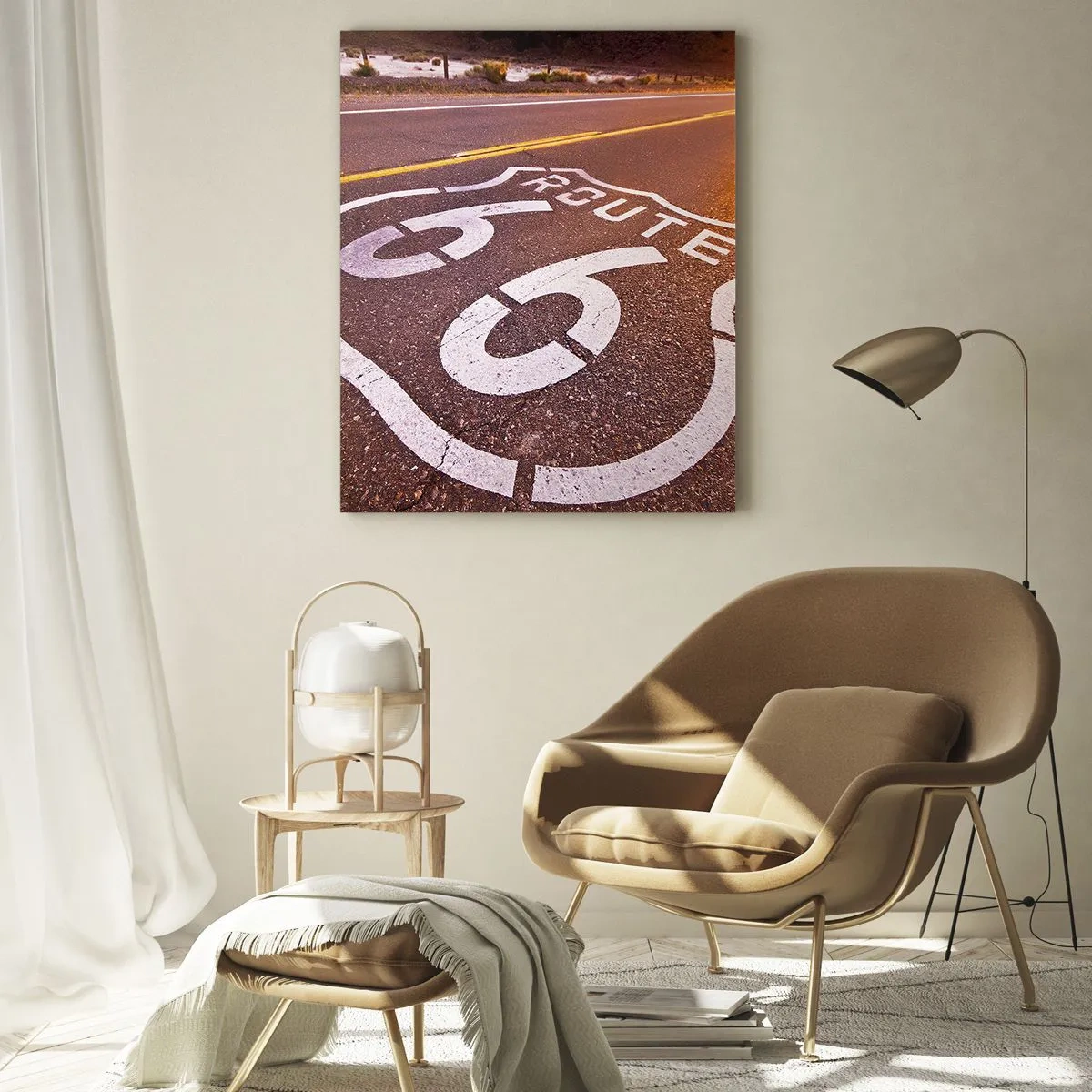 Quadro su vetro - Route 66 al tramonto - 70x100cm - La mitica Route 66 - Decorazione murale moderna per soggiorno e camera da letto ARTTOR