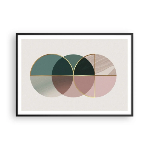 Poster in cornice nera - Una composizione astratta di forme geometriche e linee dorate. - 100x70cm - Un cerchio dietro l'altro... - Decorazione murale moderna per soggiorno e camera da letto ARTTOR