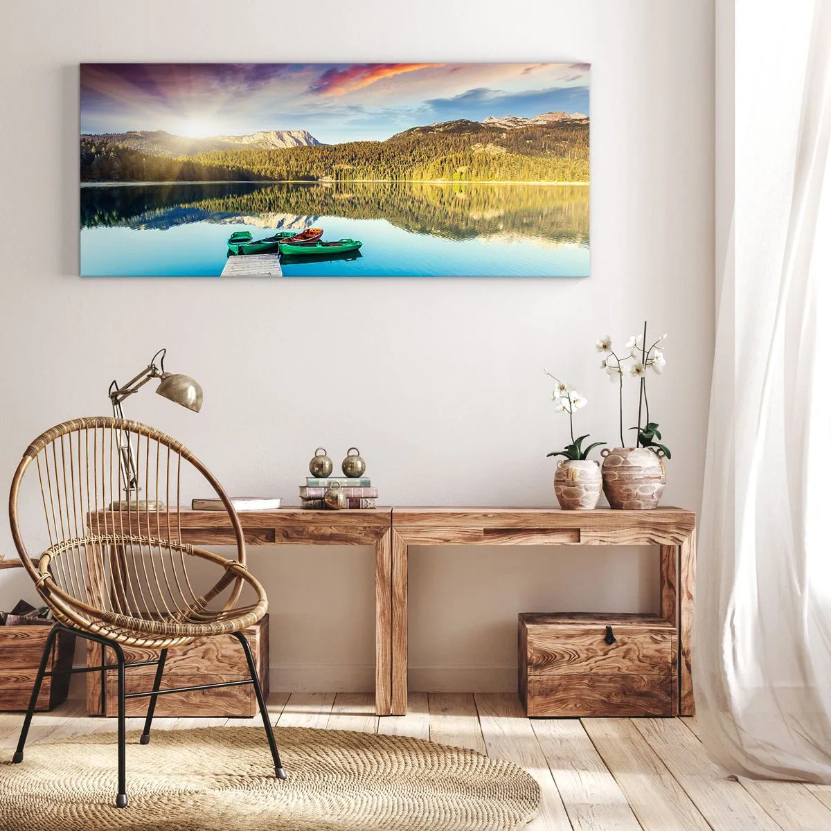 Quadro su tela - Stampe su Tela - Tramonto sul lago con barche al molo - 160x50cm - Sull'acqua liscia come uno specchio - Decorazione murale moderna per soggiorno e camera da letto ARTTOR