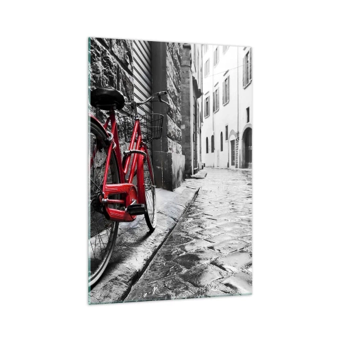 Quadro su vetro - Bicicletta rossa in una strada bianca e nera - 70x100cm - La vera bellezza non invecchia - Decorazione murale moderna per soggiorno e camera da letto ARTTOR