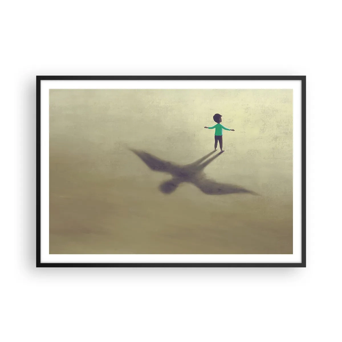 Poster in cornice nera - Una figura simbolica di un bambino con l'ombra di un uccello su uno sfondo dalle tonalità calde. - 100x70cm - Eroe del futuro - Decorazione murale moderna per soggiorno e camera da letto ARTTOR