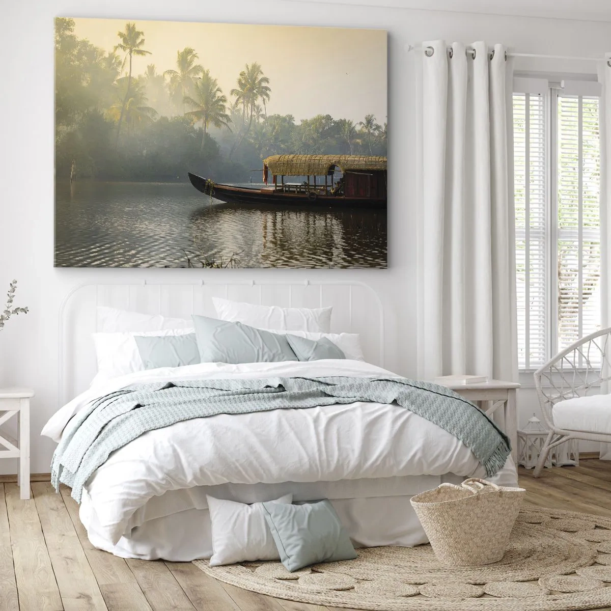 Quadro su tela - Stampe su Tela - Una barca tradizionale su un fiume calmo tra le palme - 100x70cm - Casa sul fiume - Decorazione murale moderna per soggiorno e camera da letto ARTTOR