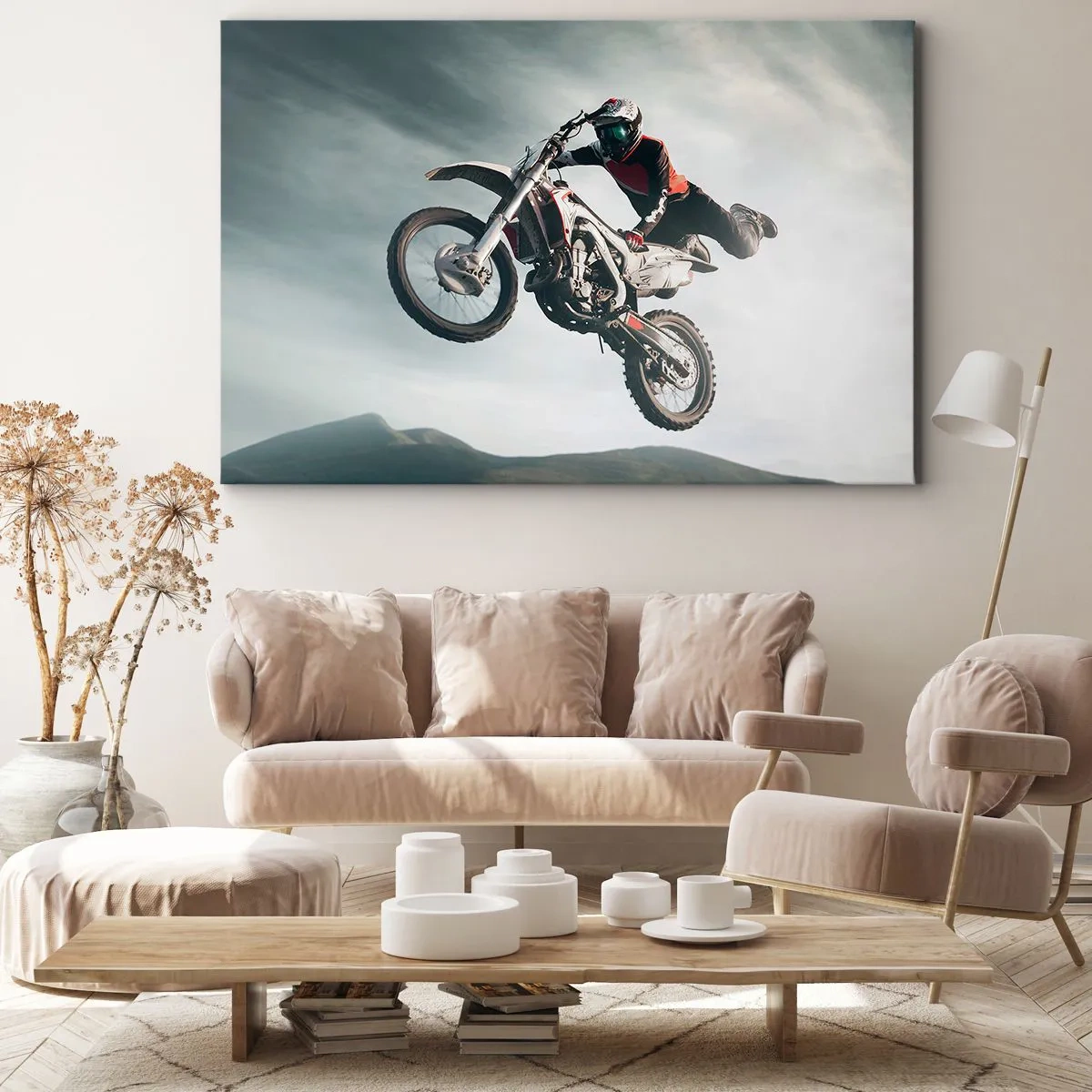 Quadro su tela - Stampe su Tela - Motociclista in aria durante un salto - 100x70cm - No risk no fun - Decorazione murale moderna per soggiorno e camera da letto ARTTOR