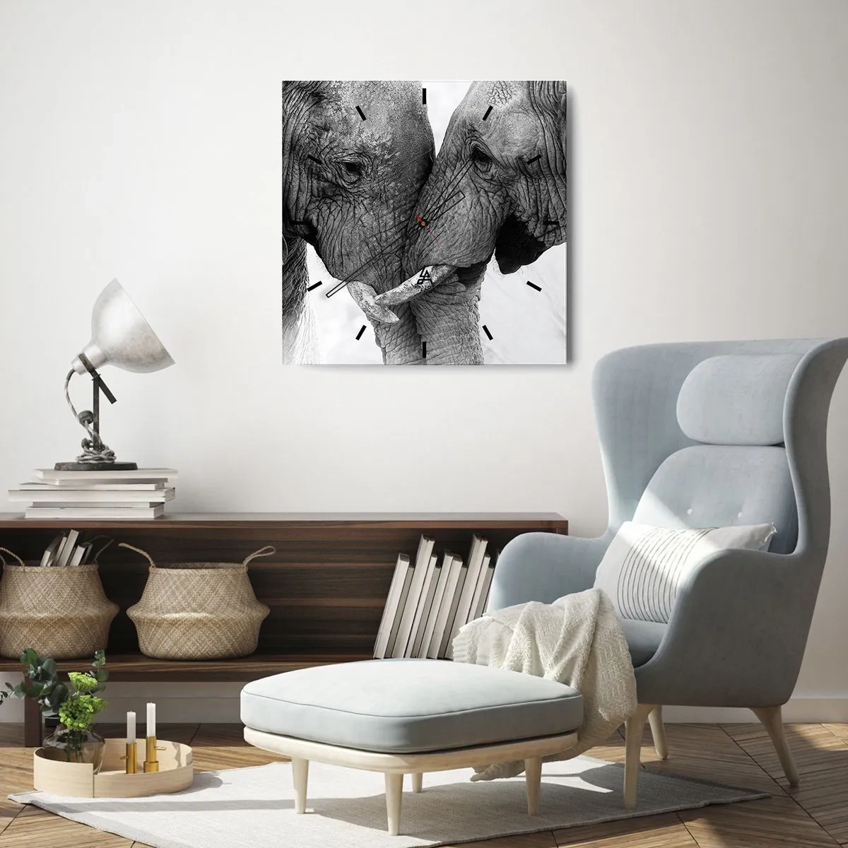 Orologio da parete - Orologio in Vetro - Due elefanti in un gesto tenero su uno sfondo monocromo - 30x30cm - Dichiarazione sincera - Decorazione murale moderna per soggiorno e camera da letto ARTTOR